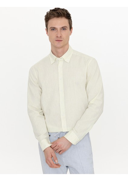 Erkek Fıstık Yeşili Keten Karışımlı Slim Fit Uzun Kollu Gömlek 50250813-VR087