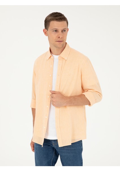 Erkek Pembe Keten Karışımlı Slim Fit Uzun Kollu Gömlek 50250813-VR053
