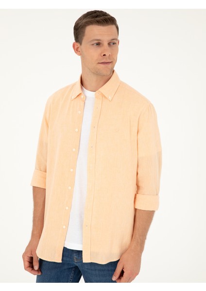 Erkek Pembe Keten Karışımlı Slim Fit Uzun Kollu Gömlek 50250813-VR053 modelleri