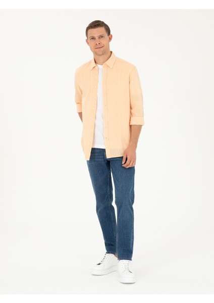 Erkek Pembe Keten Karışımlı Slim Fit Uzun Kollu Gömlek 50250813-VR053 fırsatları