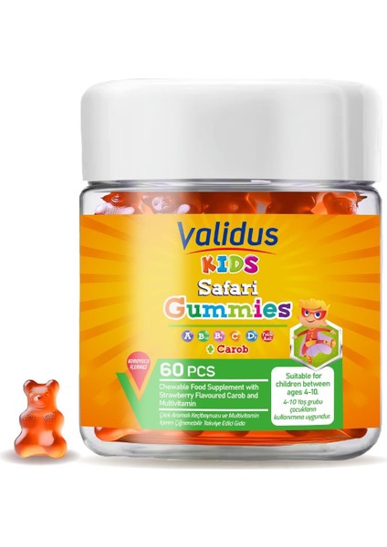 Kids Safari Carob + Vitamin A-C-D3 60 Gummies (Pectin)