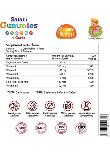 Kids Safari Carob + Vitamin A-C-D3 60 Gummies (Pectin) modelleri