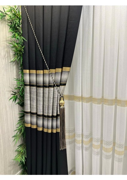 Nivemeshome Melanezya Siyah- Gold Şeritli 1/3 Sık Pileli Fon Perde Apm