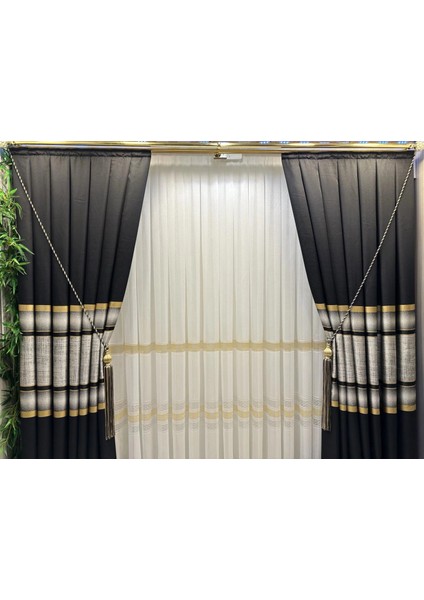 Nivemeshome Melanezya Siyah- Gold Şeritli 1/3 Sık Pileli Fon Perde Apm fiyatları