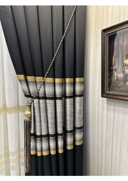 Nivemeshome Melanezya Siyah- Gold Şeritli 1/3 Sık Pileli Fon Perde Apm fırsatları