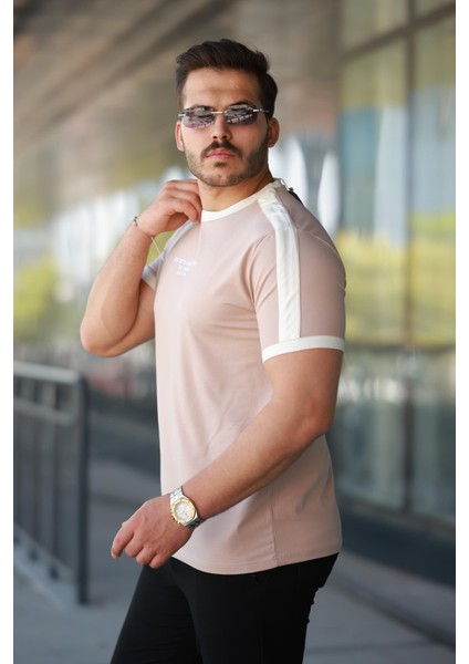 Erkek Bisiklet Yaka Bej Krem Şerit Detaylı Nakışlı %100 Pamuk Tişört - 2533 fiyatları