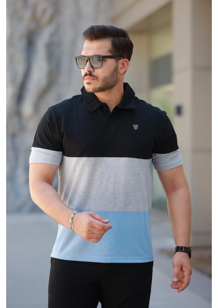 Erkek Polo Yaka Siyah Gri Mavi Renk Bloklu %100 Pamuk Tişört - 2532