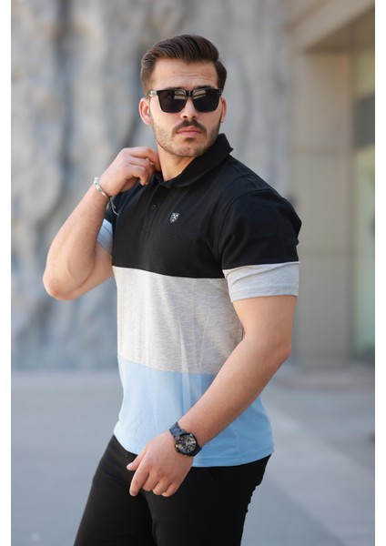 Erkek Polo Yaka Siyah Gri Mavi Renk Bloklu %100 Pamuk Tişört - 2532 fiyatları