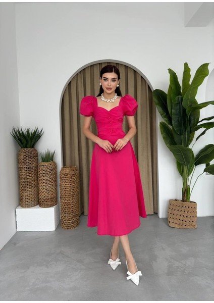 Ipeksi Kare Yaka Düğmeli Elbise