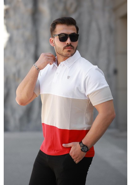 Erkek Polo Yaka Beyaz Krem Turuncu Renk Bloklu %100 Pamuk Tişört - 2532