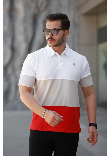 Erkek Polo Yaka Beyaz Krem Turuncu Renk Bloklu %100 Pamuk Tişört - 2532 fiyatları