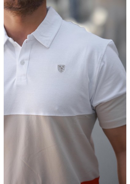 Erkek Polo Yaka Beyaz Krem Turuncu Renk Bloklu %100 Pamuk Tişört - 2532 modelleri