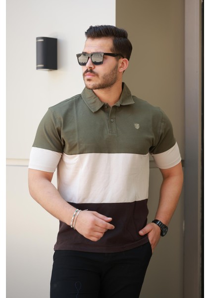 Erkek Polo Yaka Haki Ekru Kahve Renk Bloklu %100 Pamuk Tişört - 2532