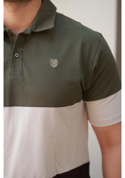 Erkek Polo Yaka Haki Ekru Kahve Renk Bloklu %100 Pamuk Tişört - 2532 modelleri