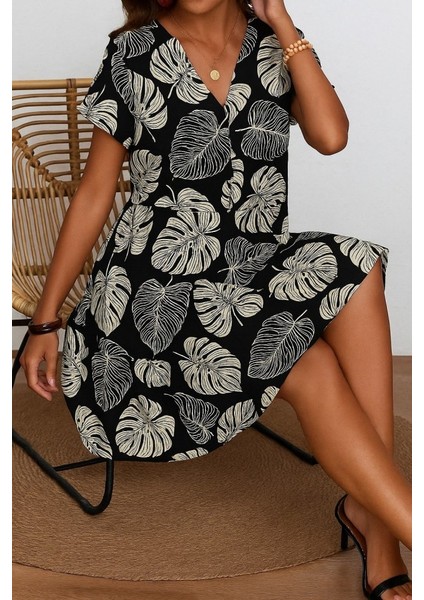 Ipeksi Kadın Kısa Kollu V Yakalı Kiloş Desenli Süprem Elbise