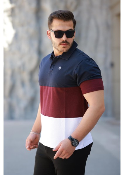 Erkek Polo Yaka Lacivert Bordo Beyaz Renk Bloklu %100 Pamuk Tişört - 2532