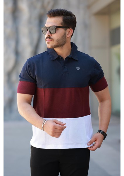 Erkek Polo Yaka Lacivert Bordo Beyaz Renk Bloklu %100 Pamuk Tişört - 2532 fiyatları