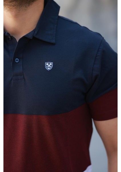 Erkek Polo Yaka Lacivert Bordo Beyaz Renk Bloklu %100 Pamuk Tişört - 2532 modelleri