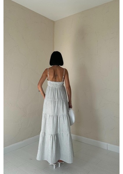 Ipeksi Mavi Askılı Parçalı Çizgili Müslin Elbise