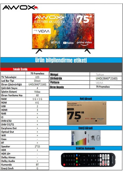 B227500 75" 190 Ekran Uydu Alıcılı 4K Ultra HD Smart VİDAA LED TV indirimleri