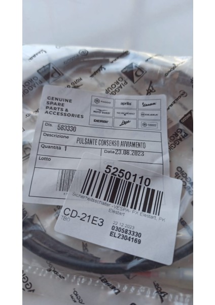 5250110 Vespa Emniyet Şalteri -Vespa- Px Elestart, Pk Elestart modelleri