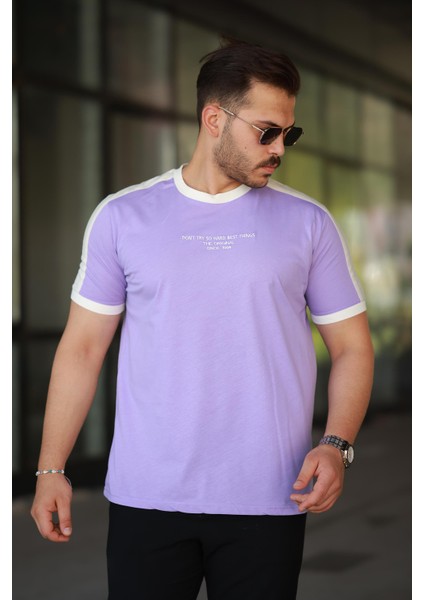 Erkek Bisiklet Yaka Lila Beyaz Şerit Detaylı Nakışlı %100 Pamuk Tişört - 2533