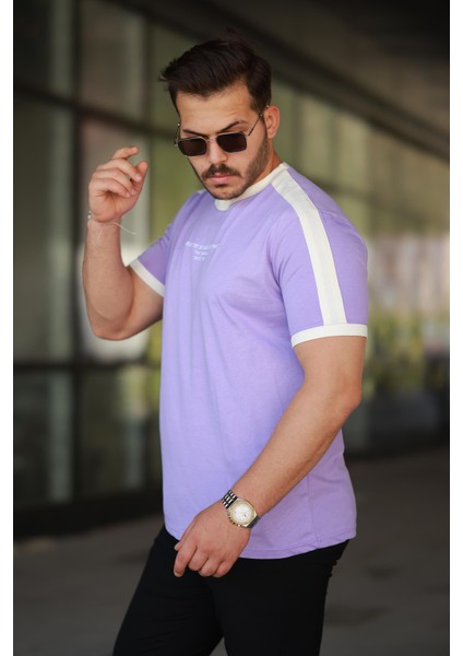 Erkek Bisiklet Yaka Lila Beyaz Şerit Detaylı Nakışlı %100 Pamuk Tişört - 2533 fiyatları