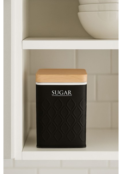 Ahşap Görünümlü Metal Kapaklı 1 Adet Gofreli Siyah Şeker Saklama Kutusu & Kavanoz 17*11*8 cm