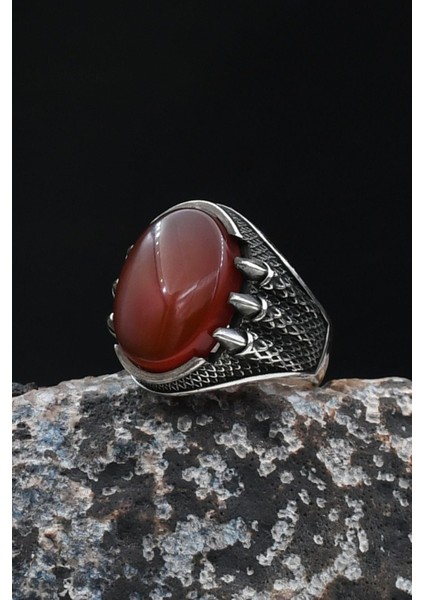 Pençe Figürlü Kırmızı Akik Taşlı 925 Ayar Gümüş Yüzük 902053