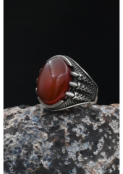 Pençe Figürlü Kırmızı Akik Taşlı 925 Ayar Gümüş Yüzük 902053 fiyatları