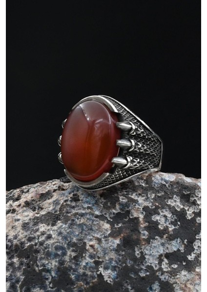Pençe Figürlü Kırmızı Akik Taşlı 925 Ayar Gümüş Yüzük 902053 modelleri