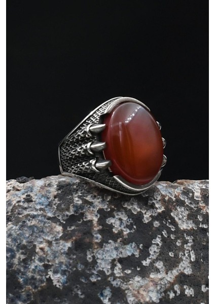 Pençe Figürlü Kırmızı Akik Taşlı 925 Ayar Gümüş Yüzük 902053 indirimleri