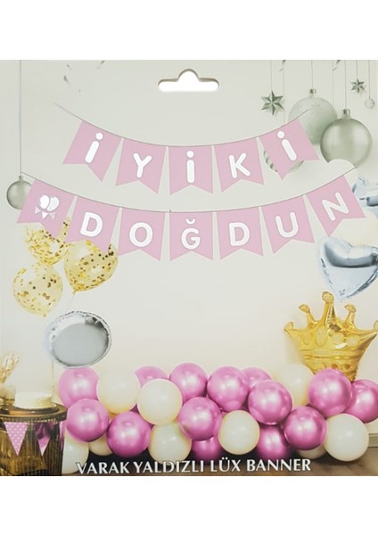 Pembe Gümüş Yaldızlı Iyiki Doğdun Uzar Banner