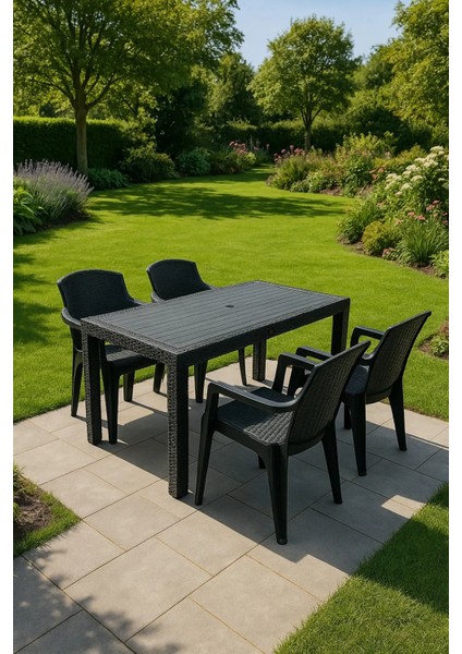 Zeugma 75X125 Raddan Desenli 4 Kişilik Masa Takımı Queen Koltuk Bahçe Teras Set