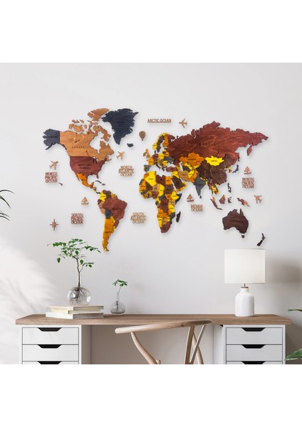 Ahşap Dünya Haritası Duvar Tablosu Ofis Dekor (Basic, Xlarge - 250X135 Cm, Ahşap) MF506