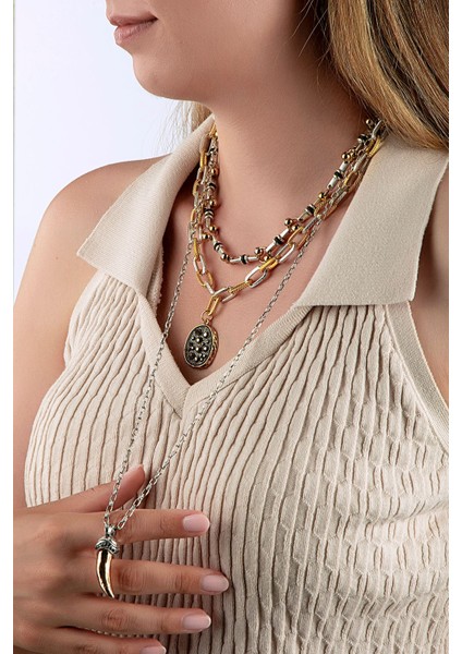 Fildişi & Jeot Figürlü Çift Renk Zincirli Üçlü Kolye Seti