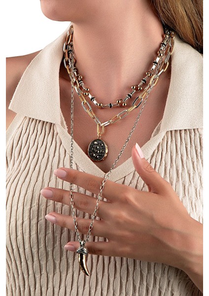 Fildişi & Jeot Figürlü Çift Renk Zincirli Üçlü Kolye Seti fiyatları