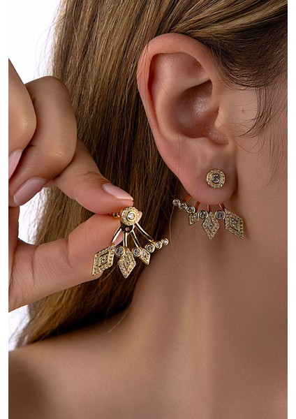 Altın Renkli Full Taşlı Baklava Motifli Hayalet Küpe