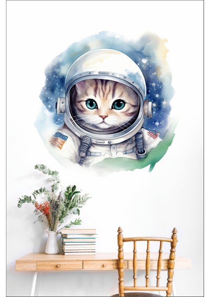 Astronot Kedi Bebek-Çocuk Odası Duvar Yapışkanlı Sticker Seti