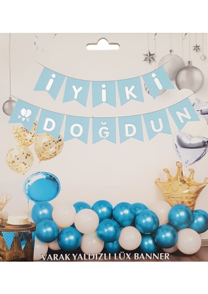 Mavi Gümüş Yaldızlı Iyiki Doğdun Uzar Banner