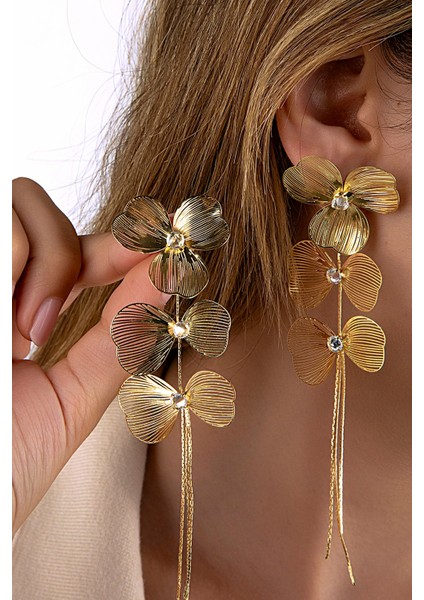 Altın Renkli Üçlü Çiçek Figürlü Taşlı Sallantılı Küpe