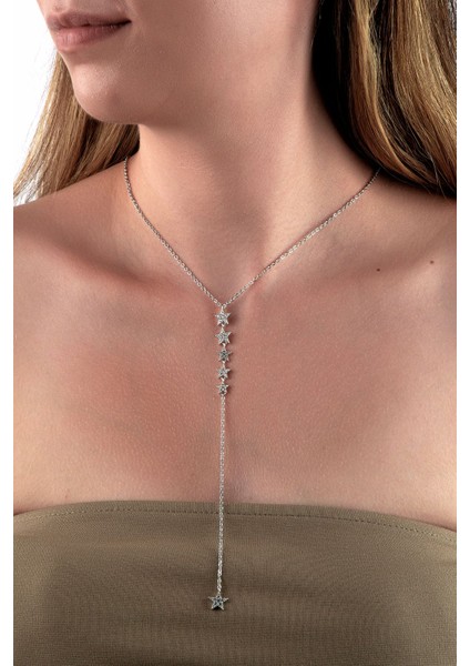 Gümüş Renkli Sıralı Yıldız Figürlü Y Kolye