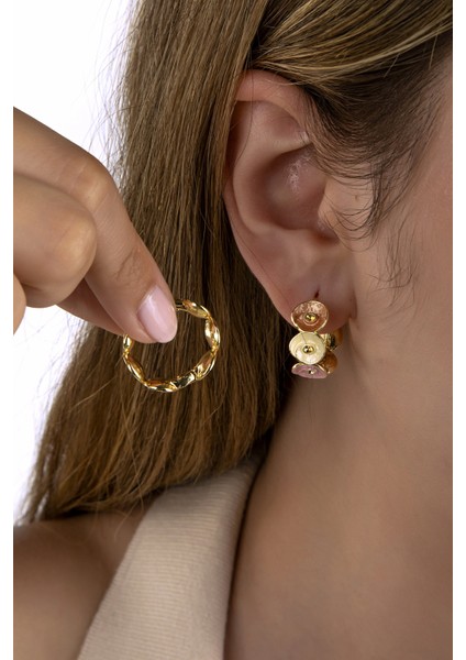 Sedefli Pembe Çiçek Figürlü Gold Halka Küpe