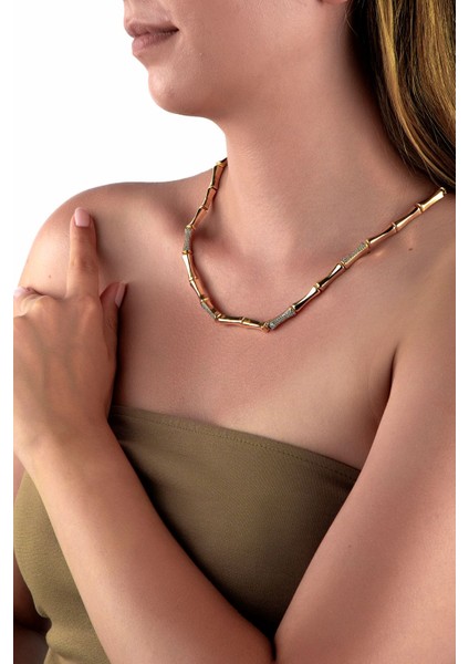 Altın Renkli Taşlı Bambu Görünümlü Kolye