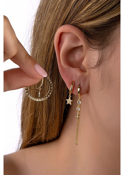 Altın Renkli Sallantılı ve Halkalı Taşlı Üçlü Küpe Seti