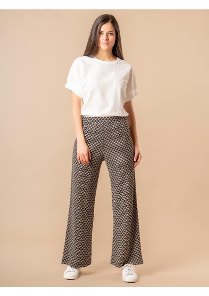 Kadın Siyah Beli Lastikli Rahat Kalıp Desenli Pantolon,kadın Pantolon modelleri