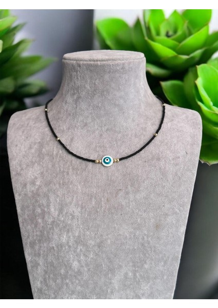 Siyah Mini Boncuklu Nazar Boncuğu Uçlu Bijuteri Kolye