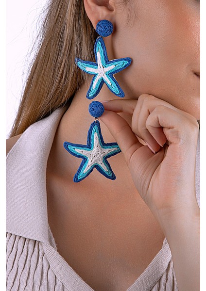 Mavi & Beyaz Renkli Hasır Deniz Yıldızı Küpe