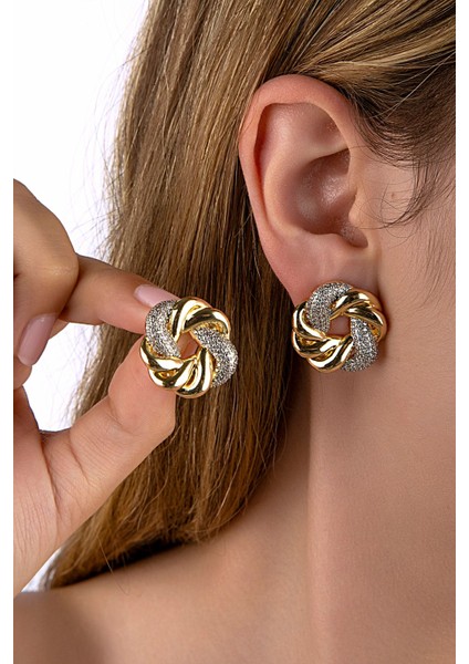 Altın Renkli Taşlı Burgu Görünümlü Yuvarlak Küpe