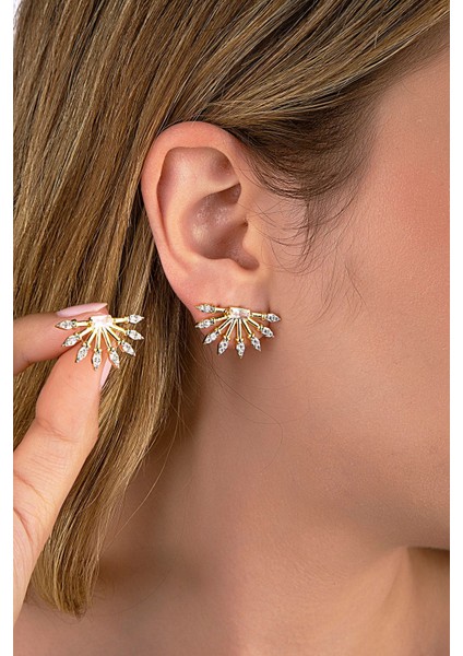 Altın Renkli Güneş Motifli Taşlı Küpe